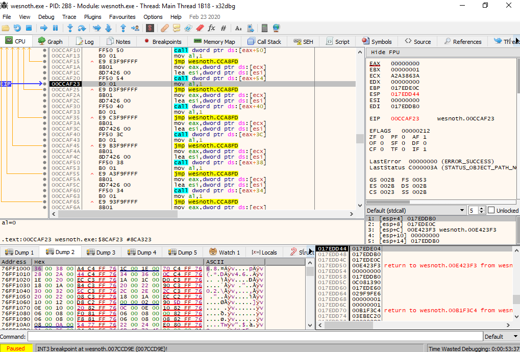 x64dbg Displaying Wesnoth Code Responsible for Branching Operations