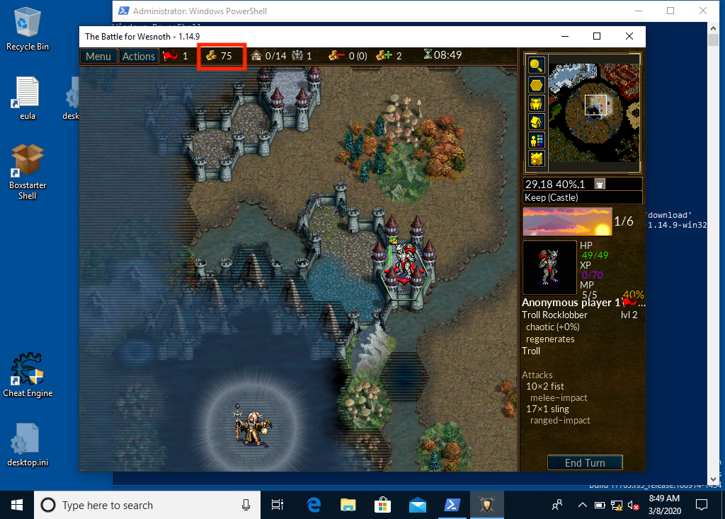 Gameplay of Wesnoth With Player's Gold Highlighted